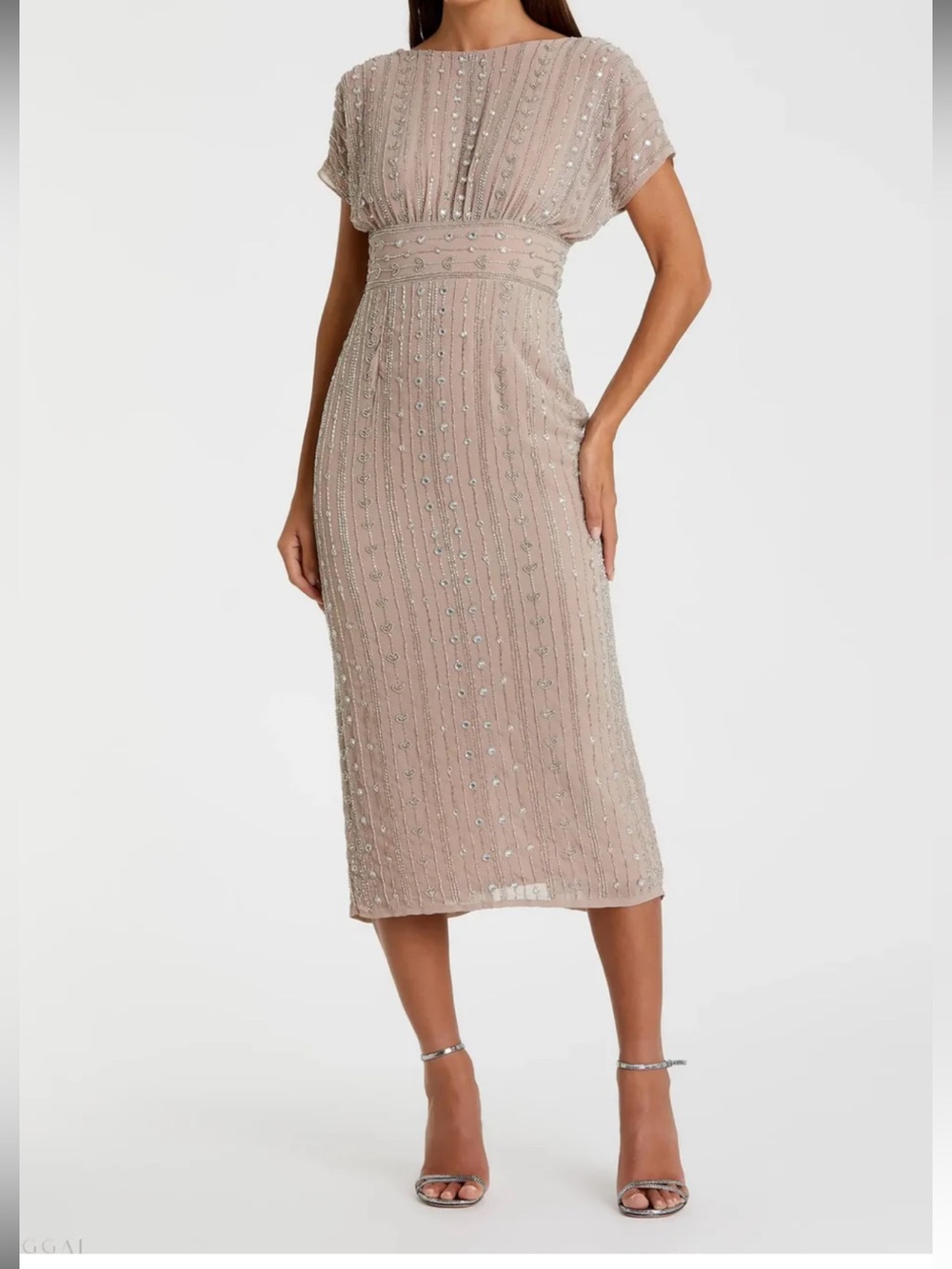 Beige Beaded Cap Sleeve Empire Waist Sheath Midi Dress Embellished Blush Midi